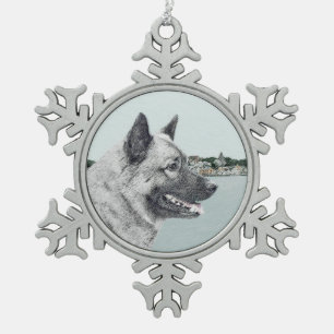Norwegian Elkhound at Village Painting - Dog Art Snowflake Pewter Christmas Ornament