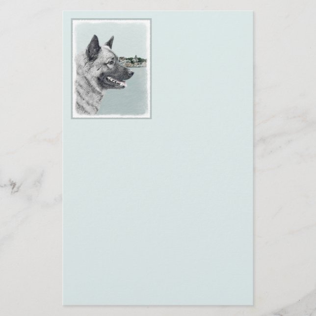 Norwegian Elkhound at Village Painting - Dog Art Stationery (Front)