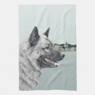 Norwegian Elkhound at Village Painting - Dog Art Tea Towel