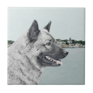 Norwegian Elkhound at Village Painting - Dog Art Tile