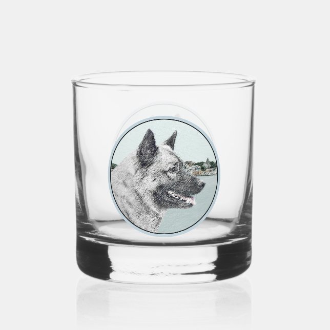 Norwegian Elkhound at Village Painting - Dog Art Whiskey Glass (Front)