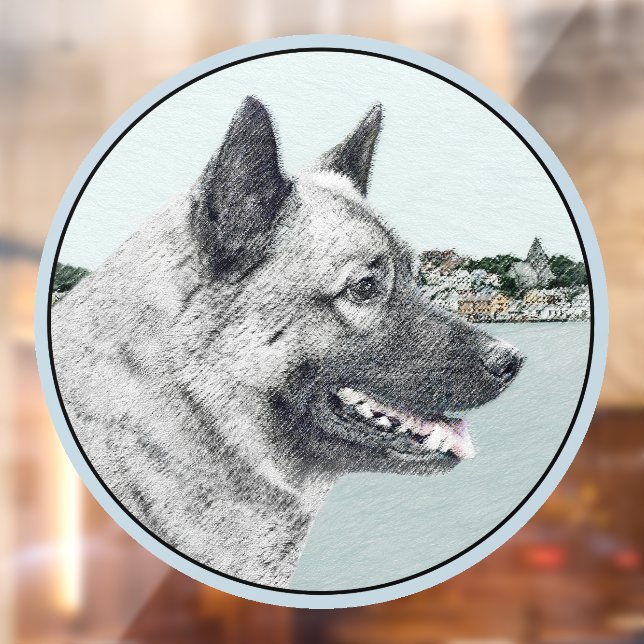 Norwegian Elkhound at Village Painting - Dog Art Window Cling (Sheet 2)