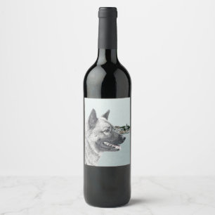 Norwegian Elkhound at Village Painting - Dog Art Wine Label