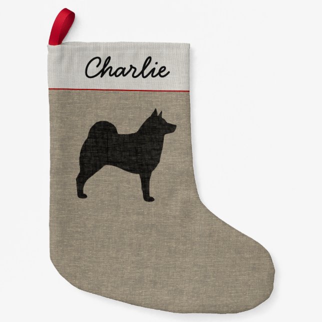 Norwegian Elkhound Dog Silhouette Elkie Holiday Small Christmas Stocking (Front)