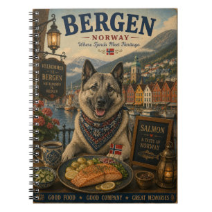 Norwegian Elkhound in Bergen Vintage Travel Art Notebook