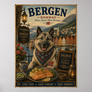 Norwegian Elkhound in Bergen Vintage Travel Poster