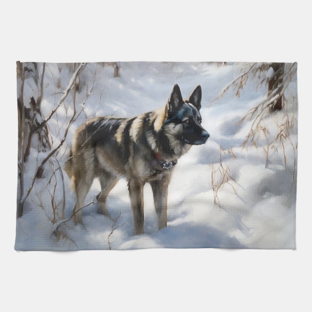 Norwegian Elkhound Let It Snow Christmas Tea Towel (Horizontal)