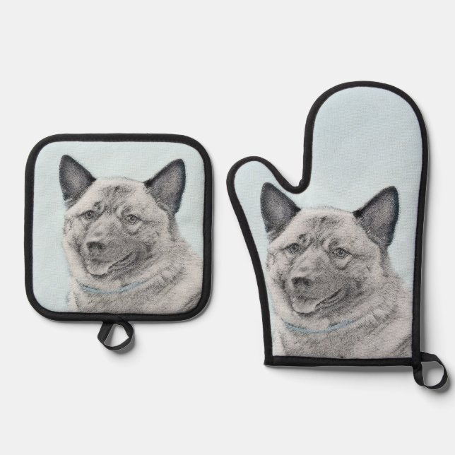 Norwegian Elkhound Painting Cute Original Dog Art Oven Mitt & Pot Holder Set (Front)