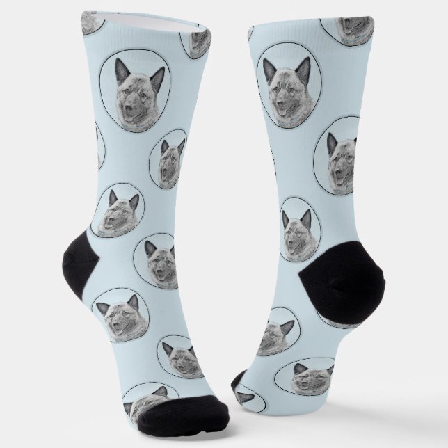 Norwegian Elkhound Painting Cute Original Dog Art Socks (Angled)