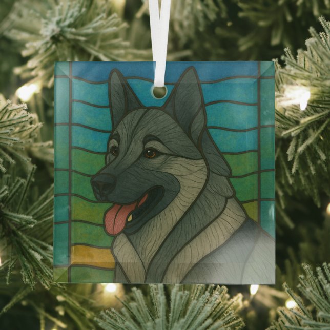 Norwegian Elkhound "Stained Glass" Glass Ornament (Insitu)