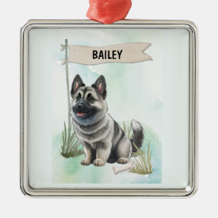Norwegian Elkhound Watercolor Personalised Dog Metal Tree Decoration