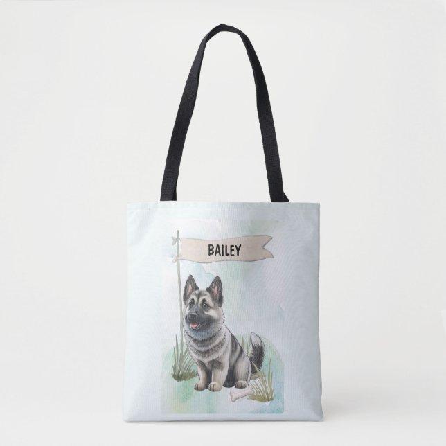 Norwegian Elkhound Watercolor Personalised Dog Tote Bag (Front)