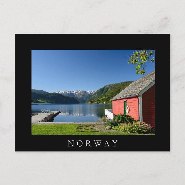Norwegian fjord and boathouse black postcard (Front)