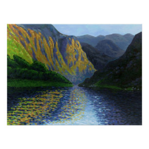 Norwegian fjord approaching sunset poster