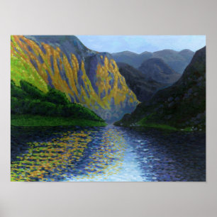 Norwegian fjord approaching sunset poster