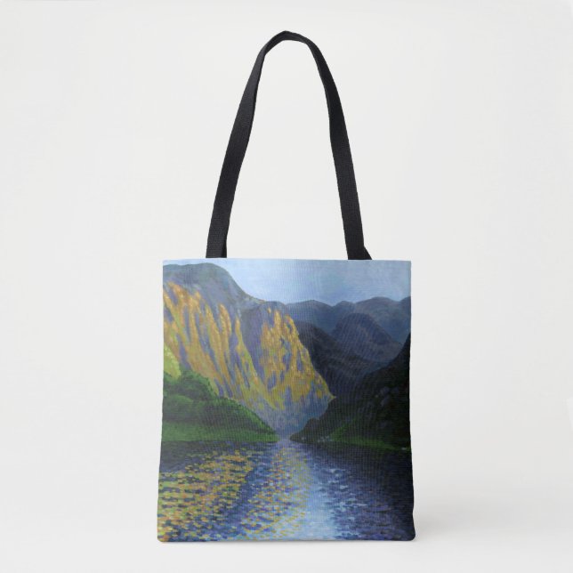 Norwegian fjord approaching sunset tote bag (Front)