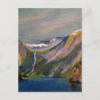 Norwegian fjord oil pastel postcard