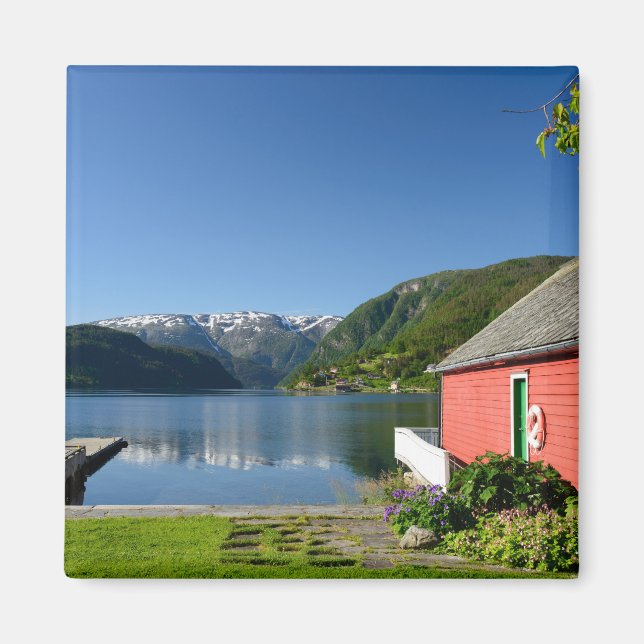 Norwegian fjord view and boathouse magnet (Front)