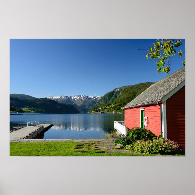 Norwegian fjord view and boathouse poster (Front)