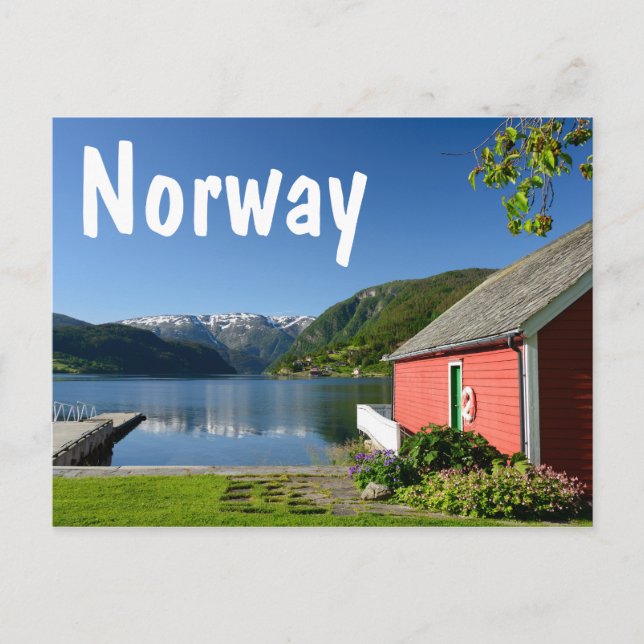 Norwegian fjord view with red boathouse postcard (Front)