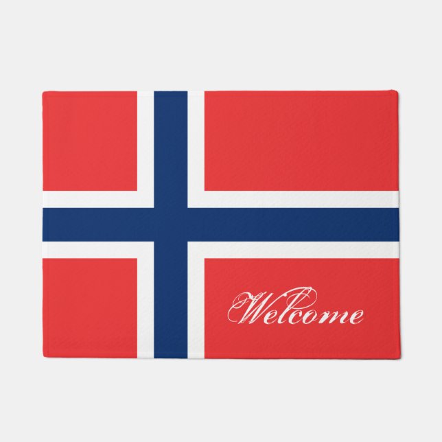 Norwegian flag door mat with custom welcome text (Front)