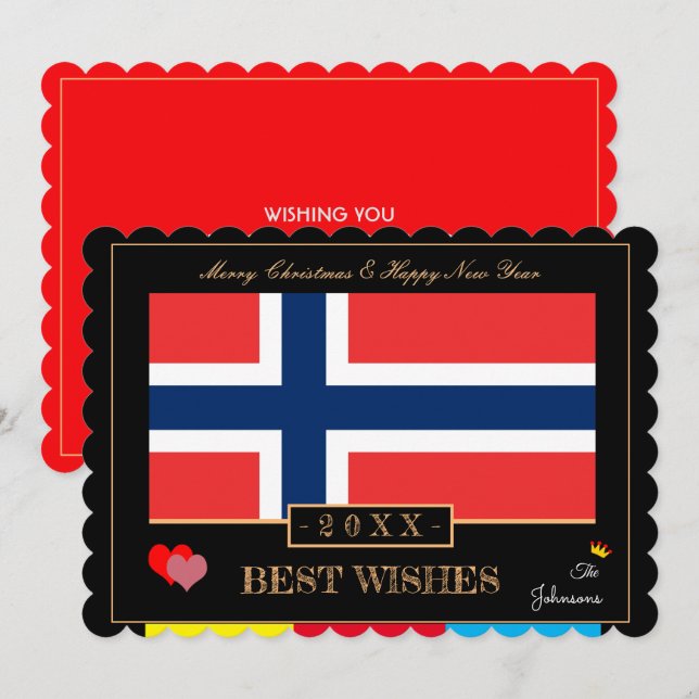 Norwegian Flag & Happy New Year/Best Wishes Norway Holiday Card (Front/Back)