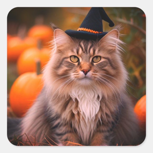 Norwegian Forest Cat In A Witches Hat & Pumpkins  Square Sticker (Front)
