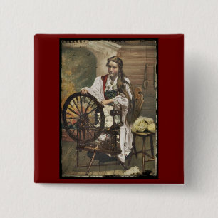 Norwegian Girl at a Spinning Wheel 15 Cm Square Badge
