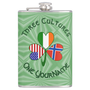 Norwegian Irish American Shamrock Personalised Hip Flask