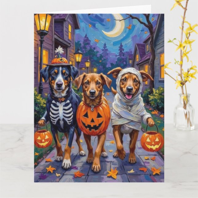 Norwegian Lundehund Trick-or-Treating Halloween Card (Yellow Flower)