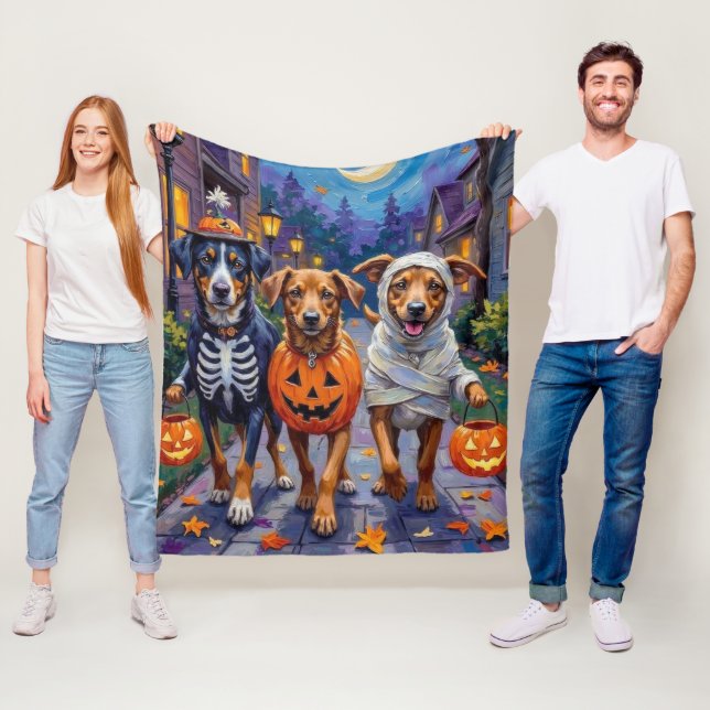 Norwegian Lundehund Trick-or-Treating Halloween Fleece Blanket (In Situ)