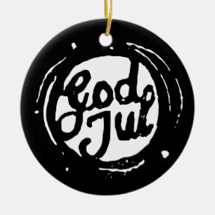 Norwegian "Merry Christmas" Lino Print Ceramic Tree Decoration