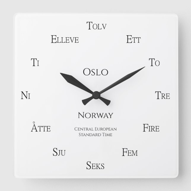 Norwegian Numbers Custom City Country Time Zone Square Wall Clock (Front)