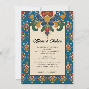 Norwegian Rosemaling Blue Wedding Invitation
