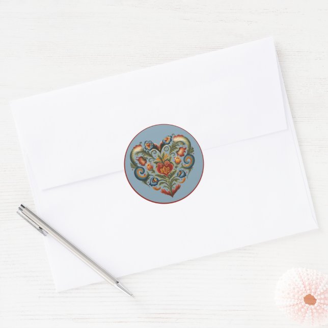 Norwegian Rosemaling Folk Art Heart  Classic Round Sticker (Envelope)