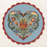 Norwegian Rosemaling Folk Art Heart  Paper Coaster<br><div class="desc">This paper coaster featuress a Norwegian Rosemaling Folk Art Heart design on a coordinating blue background with a red border.</div>