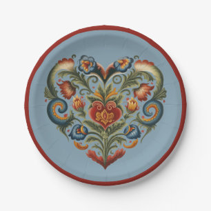 Norwegian Rosemaling Folk Art Heart Paper Plate