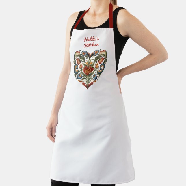 Norwegian Rosemaling Folk Art Heart Personalised A Apron (Insitu)