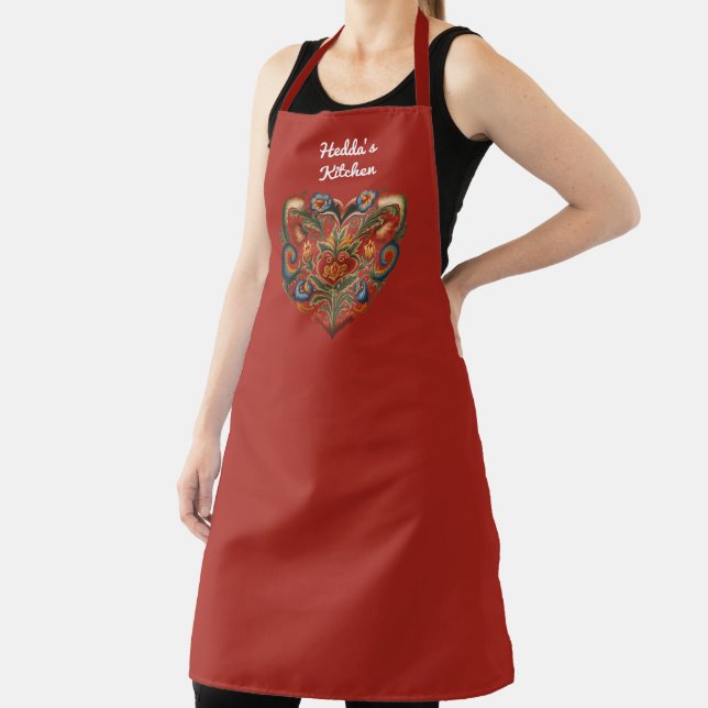 Norwegian Rosemaling Folk Art Heart Personalised Apron (Insitu)