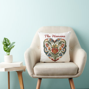 Norwegian Rosemaling Folk Art Heart Personalised  Cushion