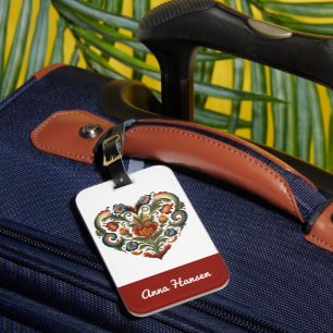 Norwegian Rosemaling Folk Art Heart Personalised Luggage Tag