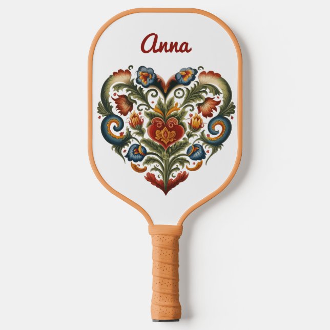 Norwegian Rosemaling Folk Art Heart Personalised  Pickleball Paddle (Front)