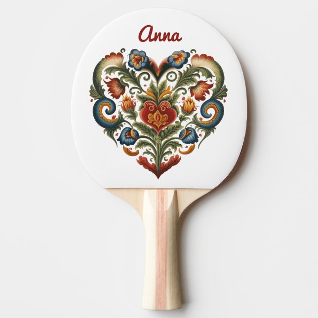 Norwegian Rosemaling Folk Art Heart Personalised  Ping Pong Paddle (Front)