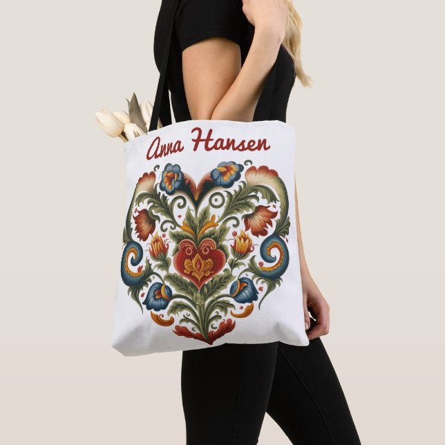 Norwegian Rosemaling Folk Art Heart Personalised T Tote Bag (Close Up)