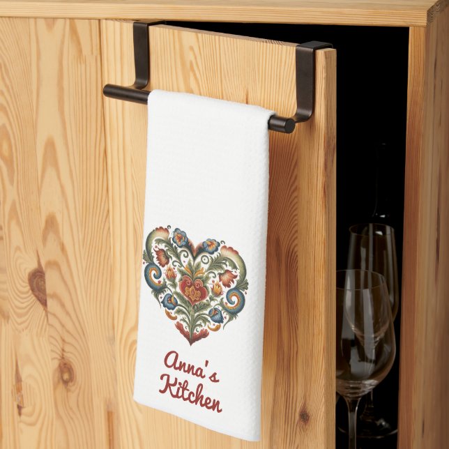 Norwegian Rosemaling Folk Art Heart Personalised   Tea Towel (Thirds Fold)