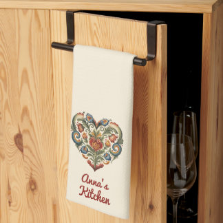 Norwegian Rosemaling Folk Art Heart Personalised  Tea Towel