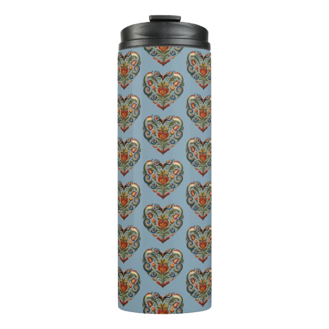 Norwegian Rosemaling Folk Art Heart  Thermal Tumbler (Front)
