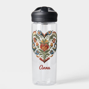 Norwegian Rosemaling Folk Art Heart  Water Bottle
