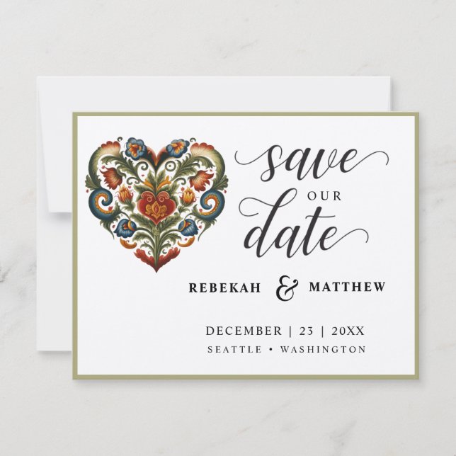 Norwegian Rosemaling Heart Wedding Save The Date (Front)