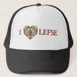 Norwegian Rosemaling I Heart Lefse  Trucker Hat<br><div class="desc">This hat features a Norwegian Rosemaling style Folk Art Heart design that goes with the phrase I heart lefse (I love lefse). Colours include red,  blue,  green and golden yellow.</div>